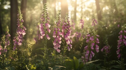 Obraz premium Vibrant pink foxglove flowers bloom in a sunlit forest during golden hour, creating a serene natural landscape in early summer