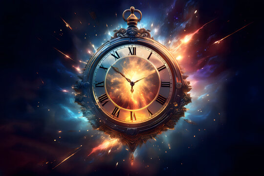 Exploding clock in space futuristic image - time running out concept - AI generated