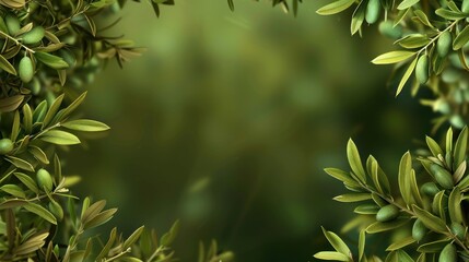 Lush olive branch frame on a soft green background for nature and culinary projects