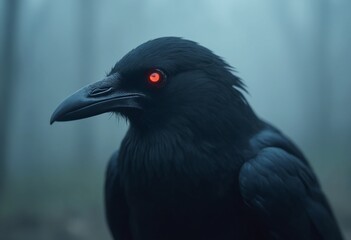 A crow with intense red eyes obscured by fog
