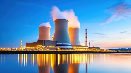 Fototapeta premium Industrial Power Plant at Sunset with Reflections