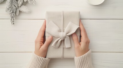 Elegant holiday gift wrapped in soft fabric with bow on white wooden background