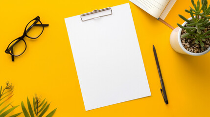 Bright workspace with a clipboard, empty paper, glasses, and a succulent on vibrant yellow background