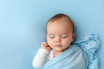 Peaceful newborn sleeping wrapped in blue blanket on soft background
