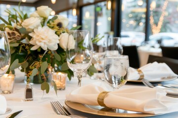 Elegant table setting with floral centerpiece for formal dining or event decor