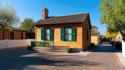 The Lincoln House showcases its wooden exterior, green shutters, and white fence under a clear blue sky, enhancing the historic charm of Dayton, Illinois