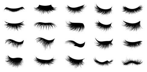 Obraz premium Black long eyelashes silhouettes set. Female girl lashes extensions beauty salon emblem logo element. Black and white simple flat style. Cosmetic mascara promo symbol. Isolated vector on white