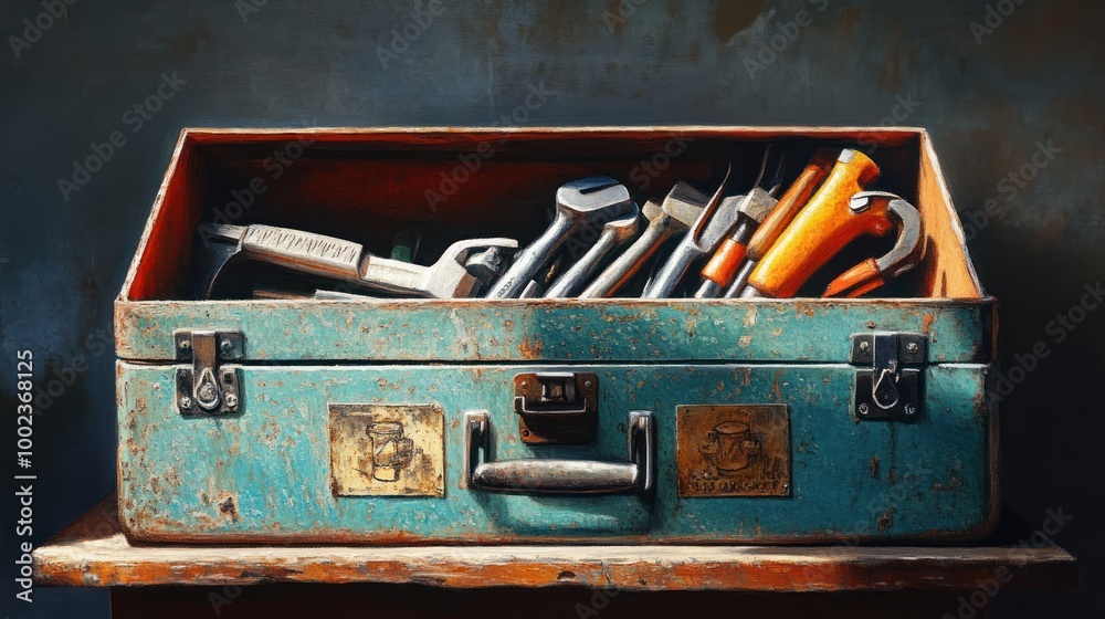 Poster An Open Toolbox Filled with Tools Resting on a Wooden Table