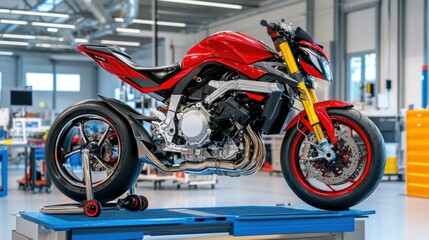 Sleek Red Motorcycle in Modern Workshop Setting