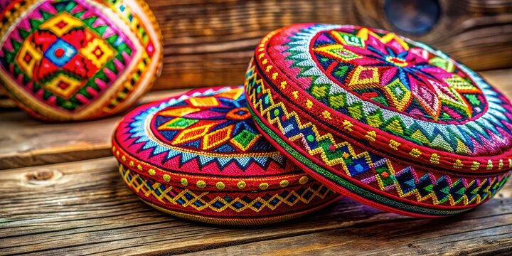 A beautifully designed macana with vibrant hues and traditional designs rests on a rustic wooden surface, highlighting the exceptional craftsmanship and cultural significance of this piece.