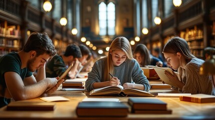 Students studying in a library with books, desks, and  lamps.