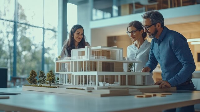 Three colleagues are reviewing a scale model of a house, in a modern office.