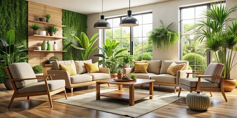 Fototapeta premium This contemporary living room combines a beige sofa, chic wooden armchairs, and lush indoor plants, fostering a cozy