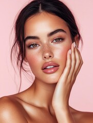 Stunning Latina woman with radiant skin and soft makeup gently touches her cheek in this close-up portrait against a pink background. Perfect for skincare ads, beauty photography, with generative ai
