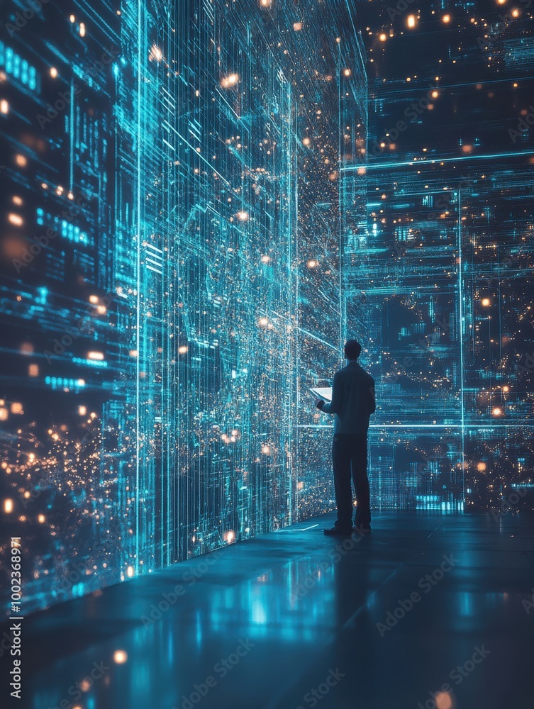 Aufkleber A professional engages with floating holographic data and neural patterns in a futuristic cybernetic environment during the day. Generative AI