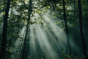 Fototapeta premium Sun rays penetrate through the trees in a dense forest.
