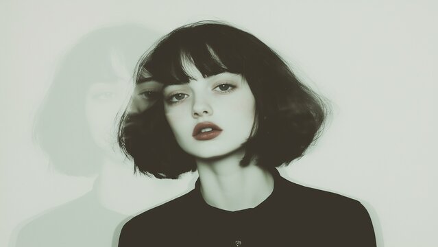 Minimalist double-exposure effect photography of an androgynous person with a bob haircut