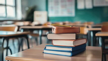 Books and a pencil case are on a desk in a calm classroom during school hours