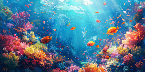 Underwater with coral reef and  colorful fish, illustration painting