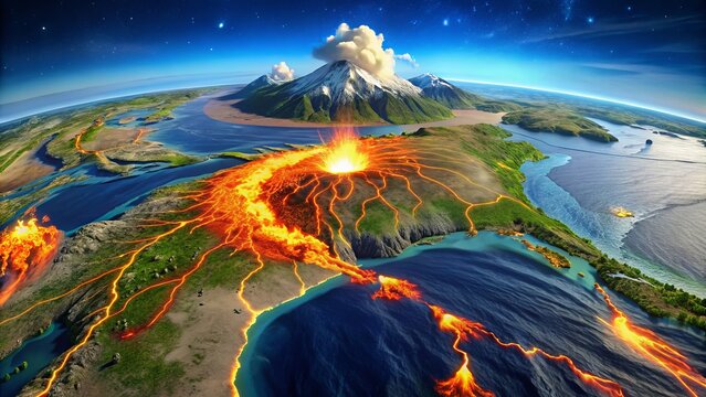 This detailed map highlights the Pacific Ring of Fire, featuring volcanic activity and global earthquake zones,