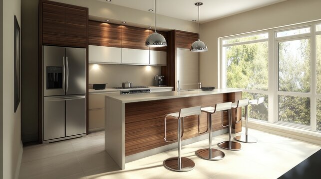 a modern kitchen with sleek furniture, including high-top bar stools, minimalist cabinetry, and stainless steel appliances.