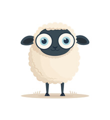 A cute cartoon sheep with a black face and large blue eyes, surrounded by fluffy white wool. The sheep stands upright and looks friendly and playful.