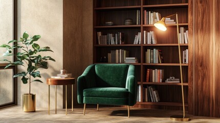 A posh retro reading nook with an emerald green armchair