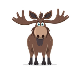 A cartoon moose standing with big antlers and wide eyes, giving it a fun and approachable look. The moose has brown fur and a playful expression.