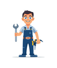A cheerful cartoon Mechanic, handyman holding a wrench and a power drill, dressed in overalls, ready for repairs. He has a confident smile and appears hardworking and friendly.