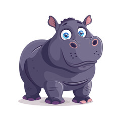 A cute and friendly cartoon hippo with large blue eyes, standing in a playful pose. The hippo is round, grey, and has a cheerful expression.