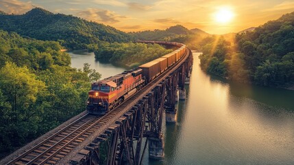 A train crosses a scenic bridge at sunset, surrounded by lush greenery and water.