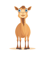 Front view of a cute cartoon camel standing and facing forward, with large, expressive blue eyes. The camel has a happy and friendly expression.