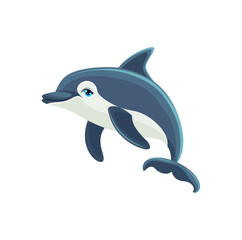 A cheerful cartoon dolphin jumping out of water with a playful and friendly look. The dolphin is light blue and grey in color.