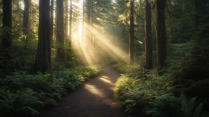 Sunlight beams through tall trees in a lush forest, illuminating a path ahead.