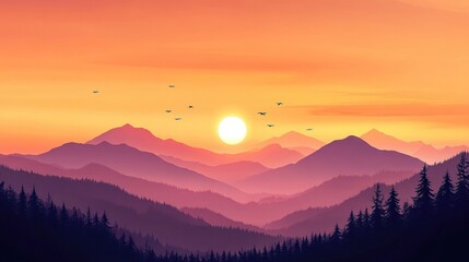 Sunset over purple mountains with birds flying in the orange sky.