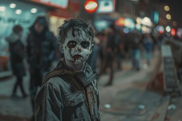 boy dressed zombie walking city street. Group children Halloween costumes. concept: halloween celebrations or october 31. sweet or nasty. a scary costume for the holiday
