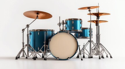 A Vibrant Blue Drum Set Positioned Against a Plain Background Showcases Its Intricate Design and Structure