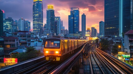 Naklejka premium A train travels through a vibrant cityscape at sunset, showcasing urban life and transport.