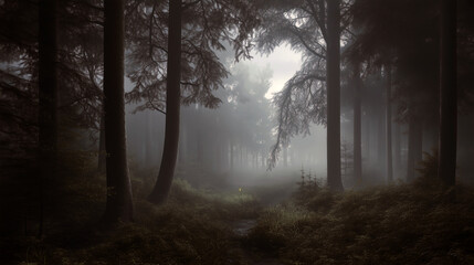 Fototapeta premium Dark foggy forest with a path.
