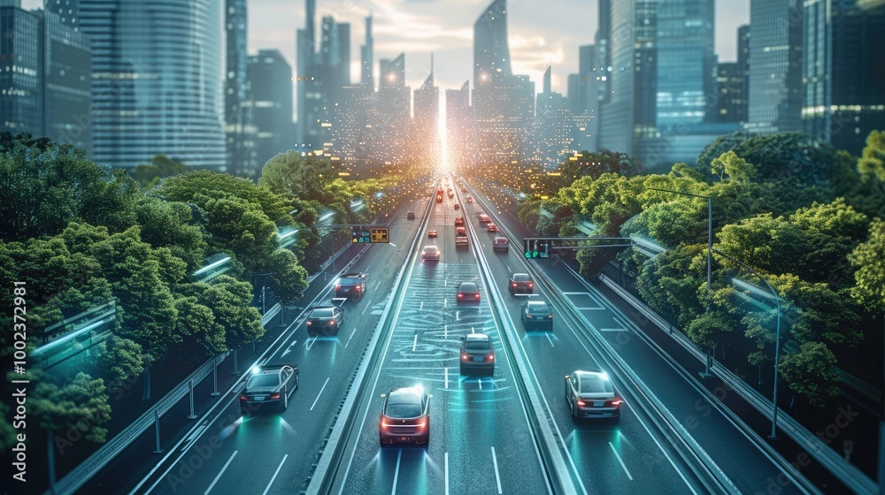 Poster a futuristic cityscape with autonomous cars navigating intelligently. taken from an elevated positio