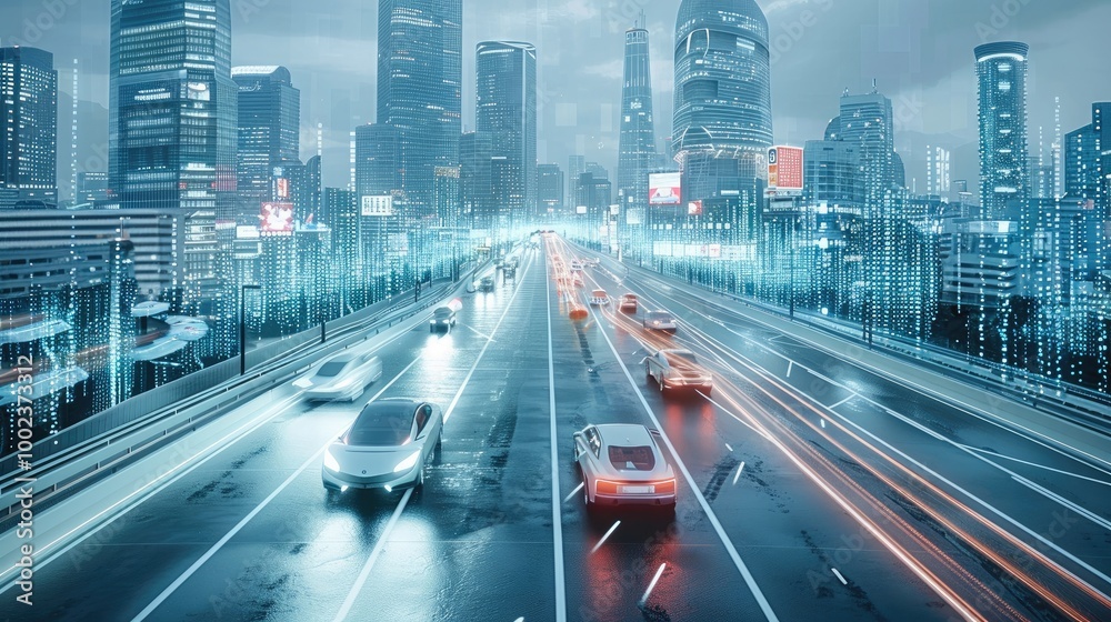 Poster a futuristic cityscape with autonomous cars navigating intelligently. taken from an elevated positio