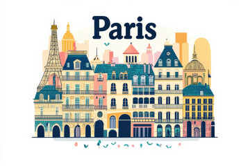 Obraz premium colorida Ilustración y monumentos con el titulo PARIS en grande y fondo blanco de la ciudad de la luz