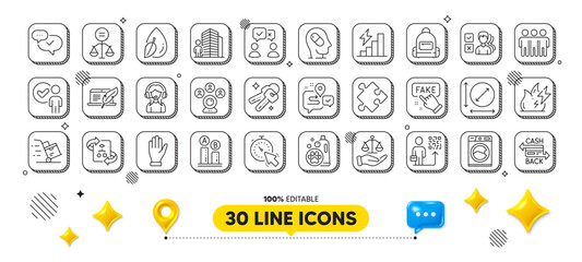 Video conference, Timer and Fake information line icons pack. 3d design elements. Agent, Fire energy, Backpack web icon. Keys, Cashback card, Justice scales pictogram. Vector