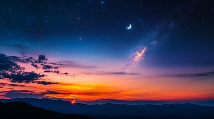 Fototapeta premium Vibrant Sunset Transitioning to Starry Night Sky, a breathtaking view of a colorful sunset giving way to a night filled with twinkling stars and a rising moon.