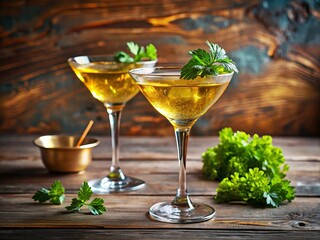 Two sophisticated cocktail glasses filled with a sparkling golden beverage, elegantly garnished with fresh parsley,