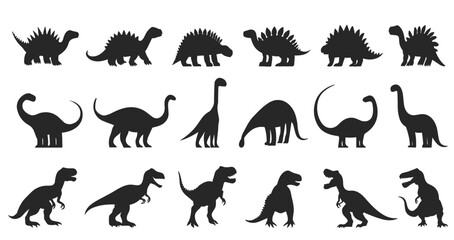 Fototapeta premium Dinosaurus silhouettes black icons set. Stegosaurs Sauropods Tyrannosaurus rex. Herbivores and predators. Ancient wild extinct animals reptiles. Simple black and white flat style isolated vector cli