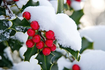 Red Berries on a Holly Bush Covered in Snow