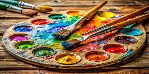 Obraz premium An old painter's palette brimming with vibrant paints alongside brushes resting on a rustic wooden table, evoking creativity and artistic inspiration.