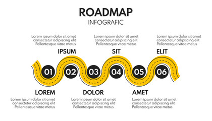 6 steps roadmap, process progress or timeline, road infografic vector template, week personal plan, successful business strategy