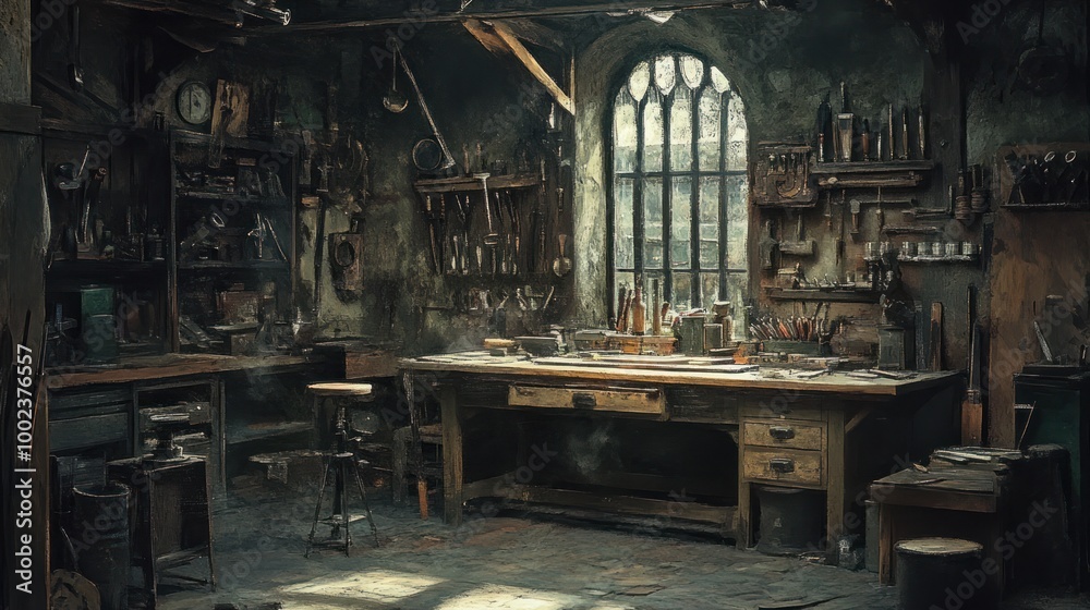 Poster A dimly lit workshop with a workbench, tools, and a large window.